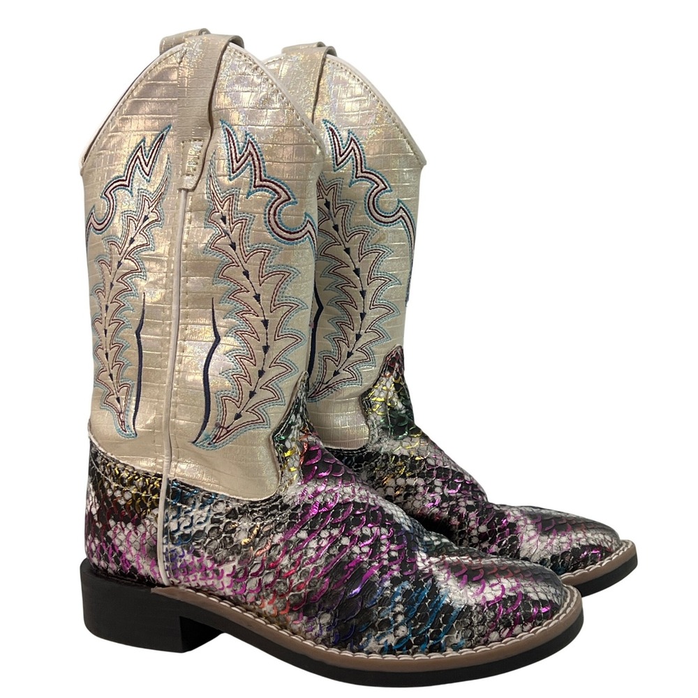 Old West Kids White Colorful Metallic Snake Print Cowboy Boots Girls 13.5‎ Shoes